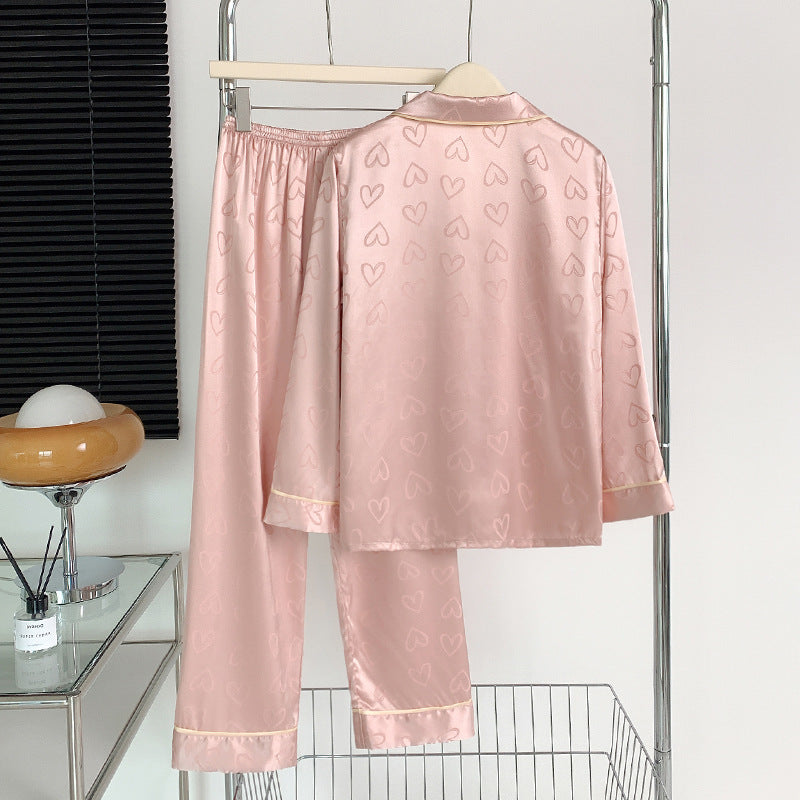 Women's Thin Ice Silk Love Long-sleeved Trousers Pajamas Suit