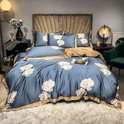 Double Sided Silk Printed Bed Set Of Four Pieces With Ice Silk