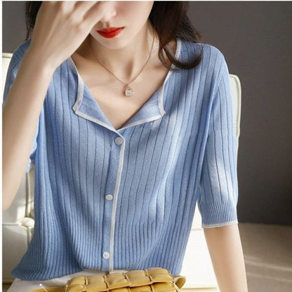 Loose V-Neck Mid-Sleeve Ice Silk Knit Cardigan Top