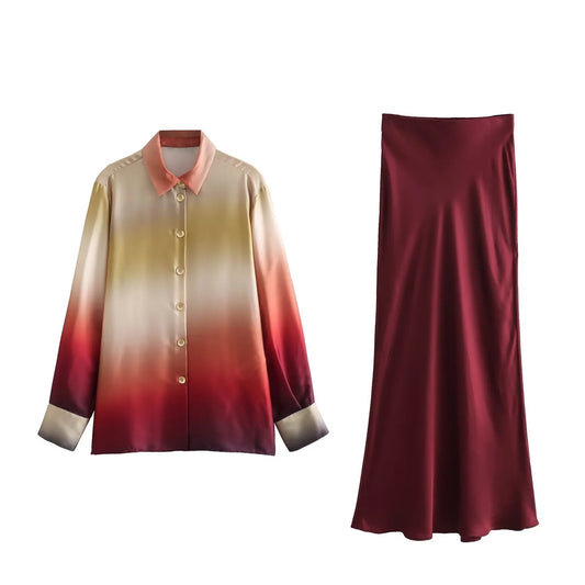 Tie-dyed Shirt Silk Satin Skirt