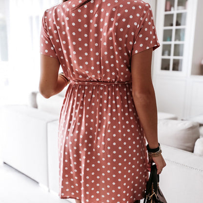 Polka Dot Ice Silk V-neck Short Sleeve Tie Dress