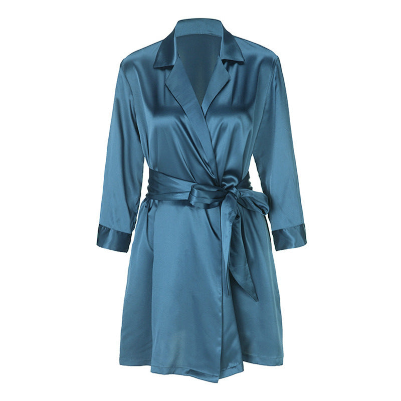 Lace Up Simulation Silk Bathrobe French Satin Pajamas