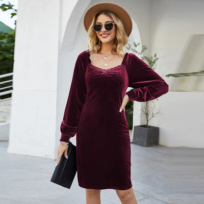 Women's Slim Long Sleeve Gold Silk Velvet Wrapped Hip Dress