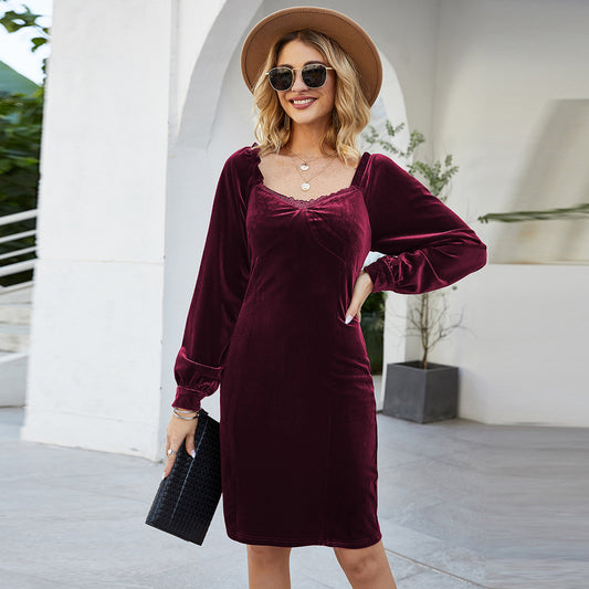 Women's Slim Long Sleeve Gold Silk Velvet Wrapped Hip Dress