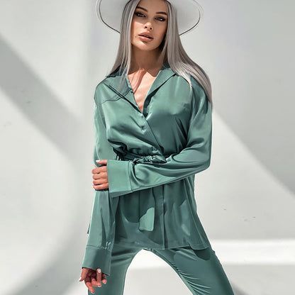 Satin Imitation Silk Green Flared Sleeve Long-sleeved Trousers Suit