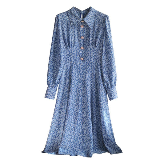 Ladies Blue Small Floral Crystal Button Silk Dress