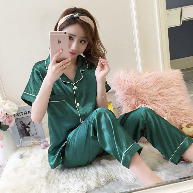 Silk-like Summer Short-sleeved Trousers Cardigan Girl Silk
