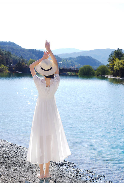 Temperament Solid Color Waist Silk Long Dress