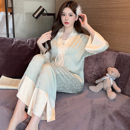 Women's Ice Silk Sling Nightgown Three-piece Set