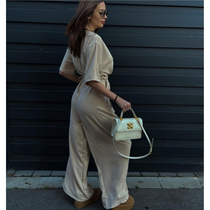Velinora Deep V Tie-Waist Jumpsuit