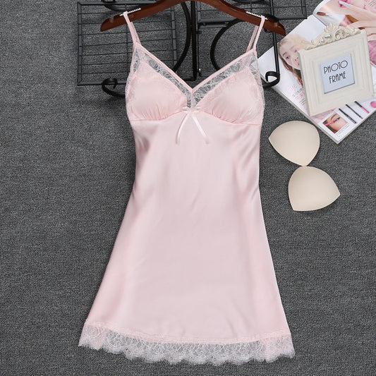Ice Silk Sling Nightdress Solid Color With Chest Pad