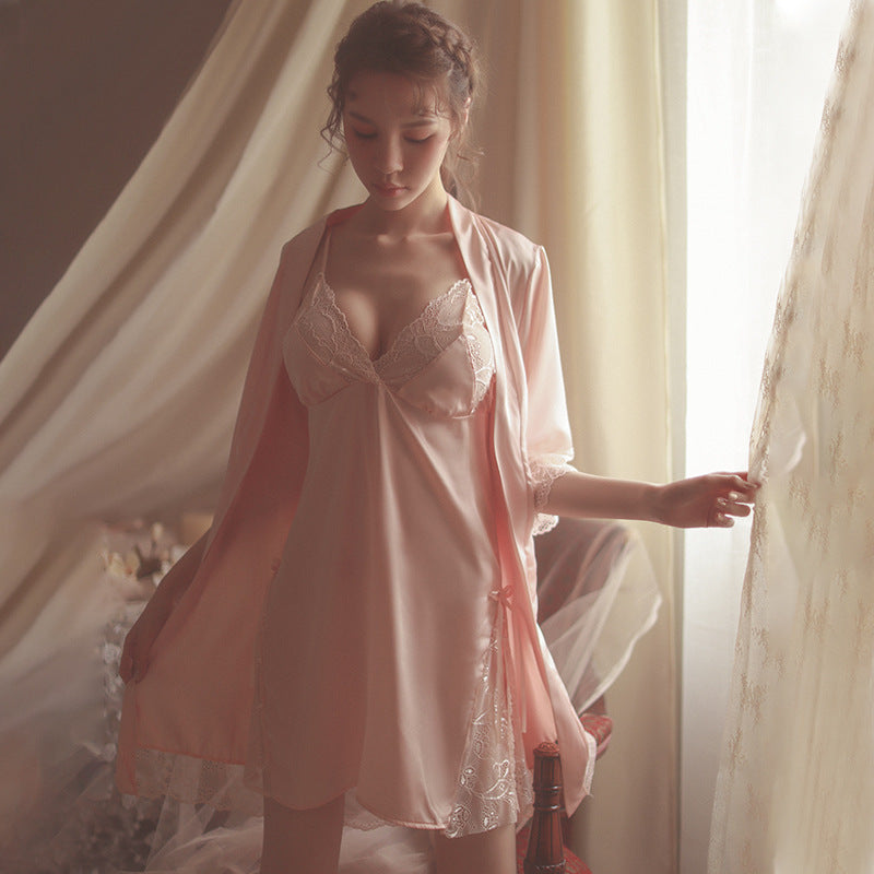 Ice Silk Lace Suspender Nightdress Set