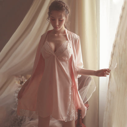 Ice Silk Lace Suspender Nightdress Set
