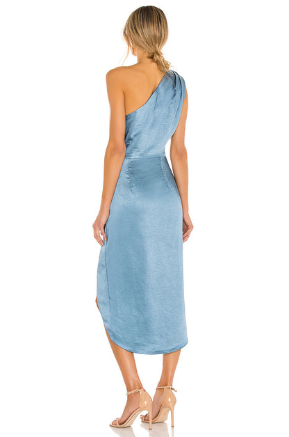 Sloping Shoulder Dress Women's Pleated Slit Satin High-end Dress