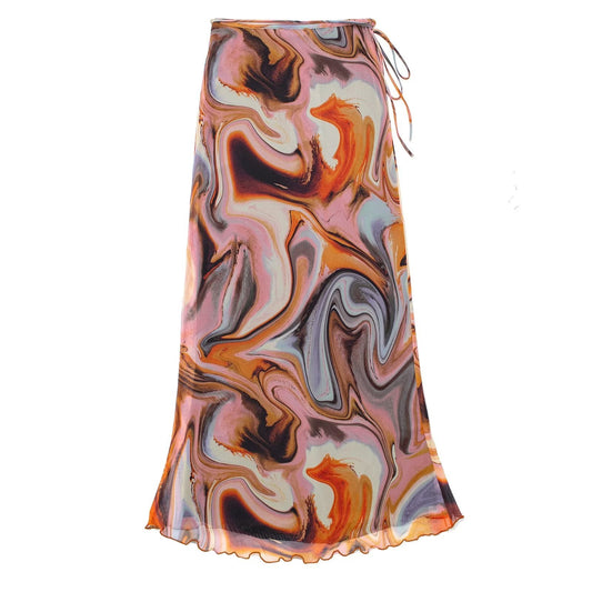 Silk Net Printing Top Shirt Half Skirt Set