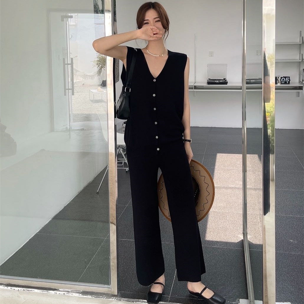 Ice Silk Breasted Knitted Vest  Wide Leg Pants Fashion Two-piece Set