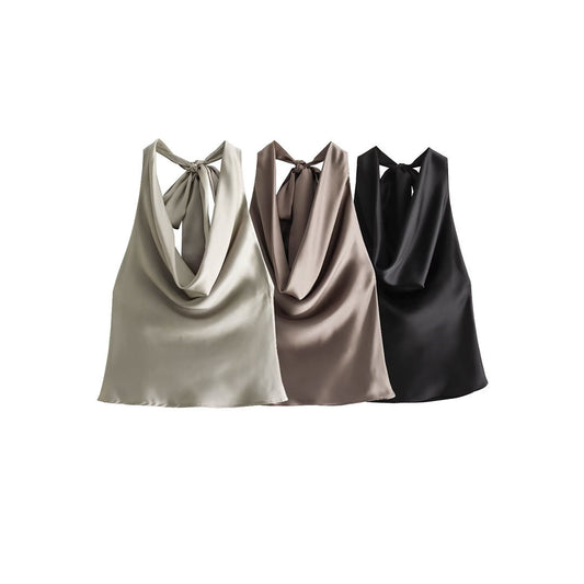 Women's Elegant Silk Satin Texture Hanging Collar Top