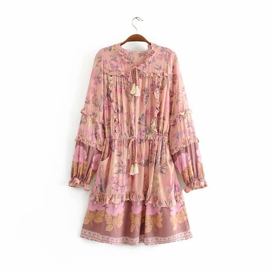 Cotton silk tassel lace up dress