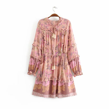 Cotton silk tassel lace up dress