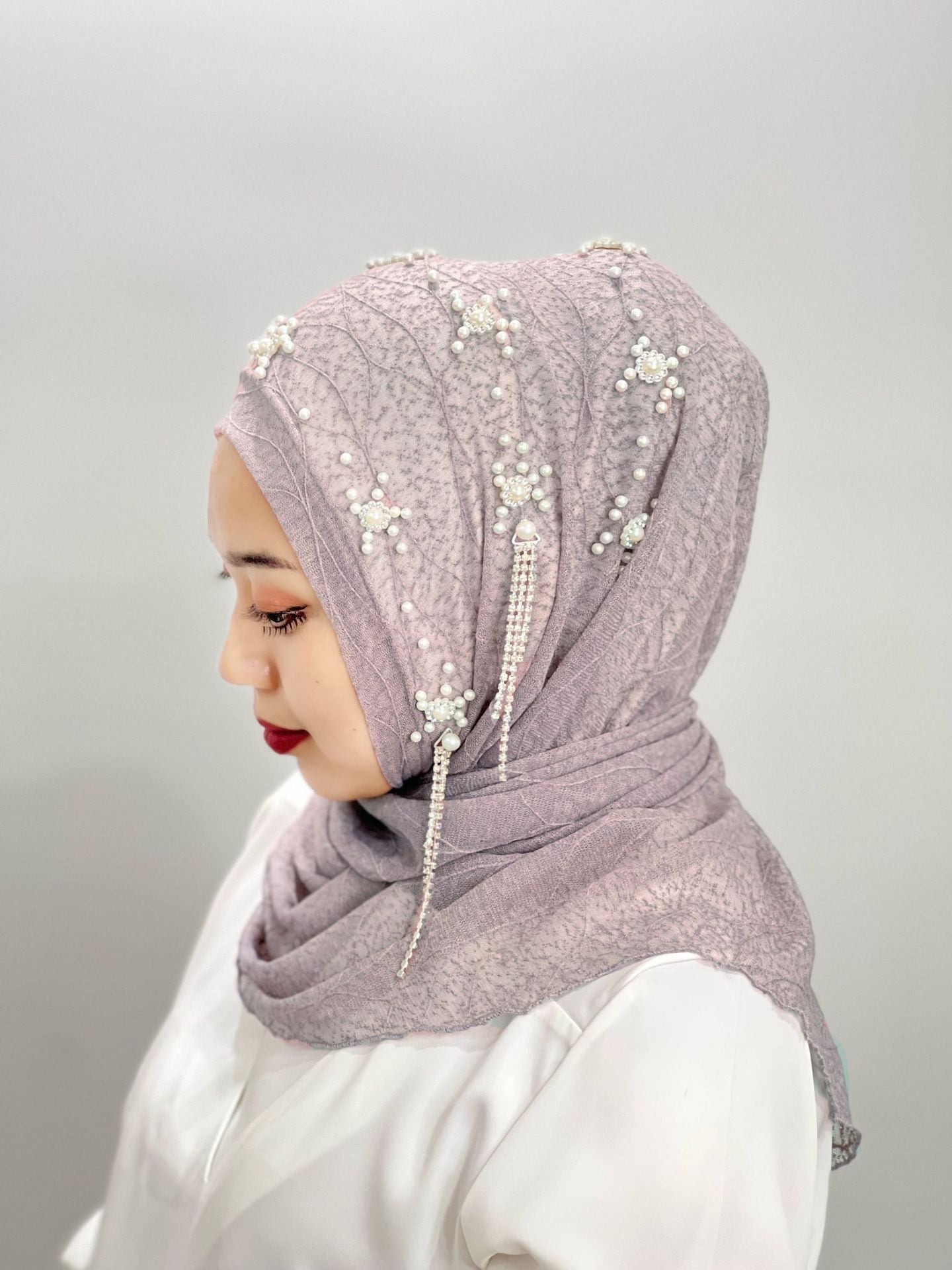 Malay Ladies Tassel Solid Color Headscarf Gold Silk Beaded