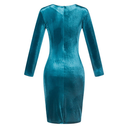 Korean Velvet Slim Long-sleeved Gold Silk Velvet Bag Hip Dress