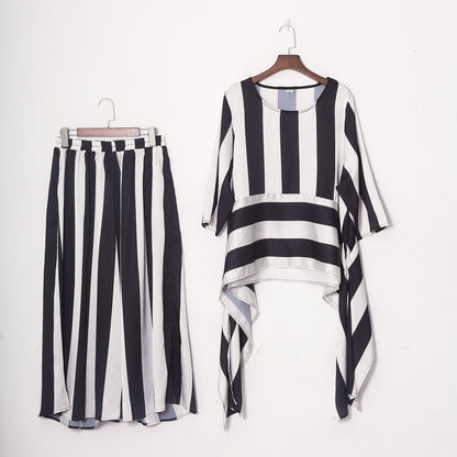 Black And White Striped Silk And Satin Printed Thin And Large Two-piece Suit