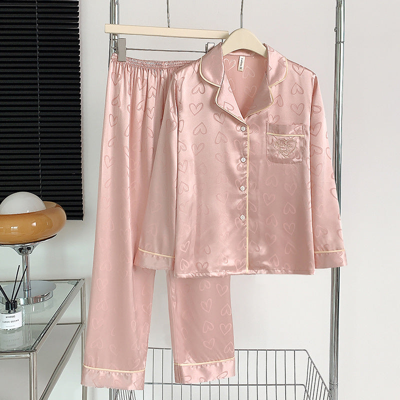 Women's Thin Ice Silk Love Long-sleeved Trousers Pajamas Suit