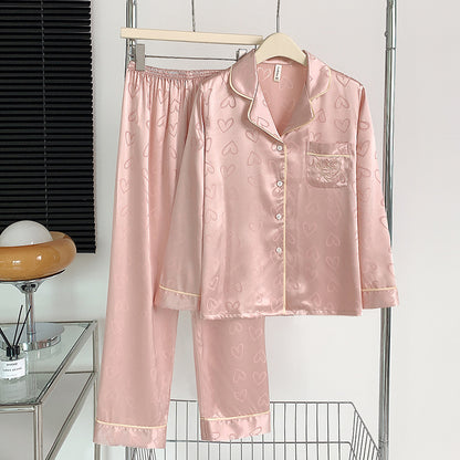 Women's Thin Ice Silk Love Long-sleeved Trousers Pajamas Suit