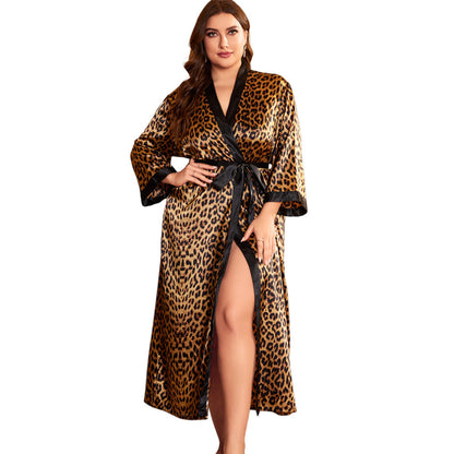 Emulation Silk Nightgown Leopard Print Printed Homewear Pajamas