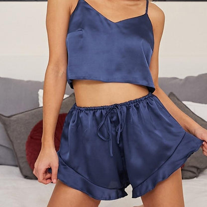 Faux Silk V-neck Lace Pajama Shorts Suit