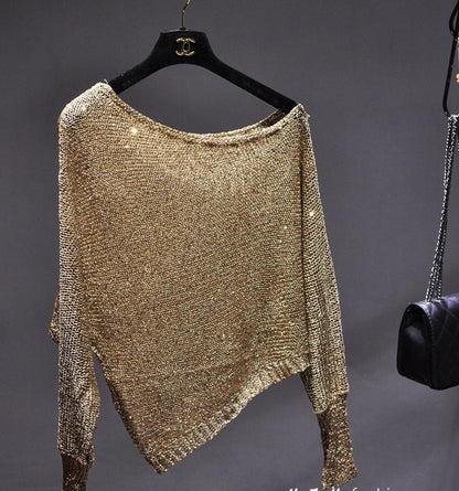 Sequined Slant Shoulder Bright Silk Gold Thread Pullover Top