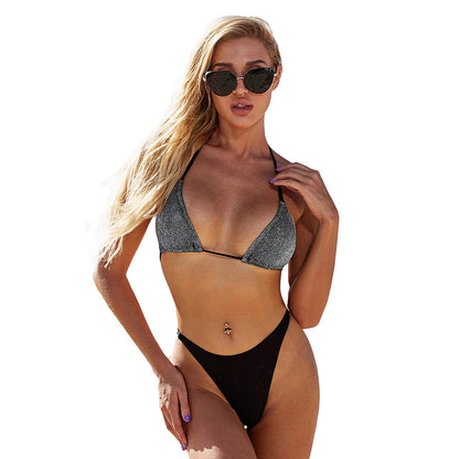 Silver Silk Shiny Cloth Pool Swimming Two-Piece Set