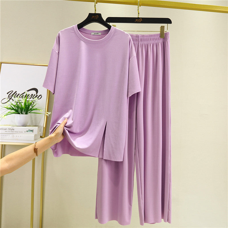 Loose Summer Women's Ice Silk Thread Mask Short Sleeve Slit Pajamas