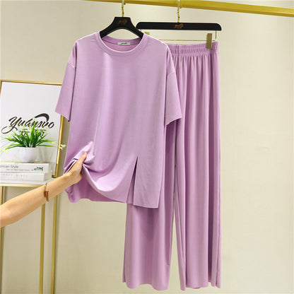 Loose Summer Women's Ice Silk Thread Mask Short Sleeve Slit Pajamas