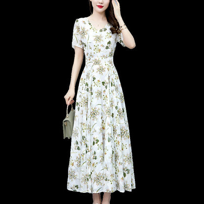 Loose Long V-neck Short Sleeve Ice Silk Satin Dress
