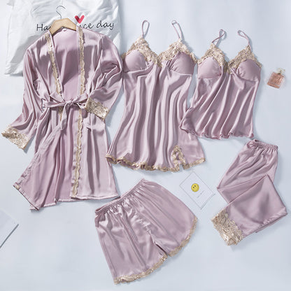 Spring Women's Summer Ice Silk Pajamas Five-piece Set