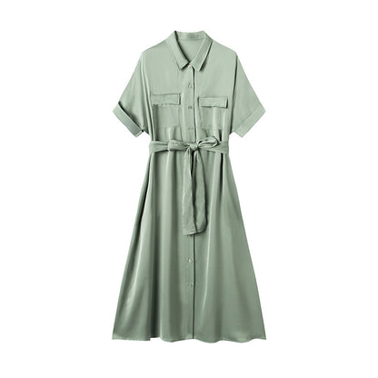 Women's Silk Dress With Lapel Waist And Slim Waist