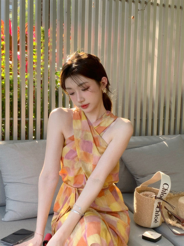 French Cross Cut Neck Silk Dress