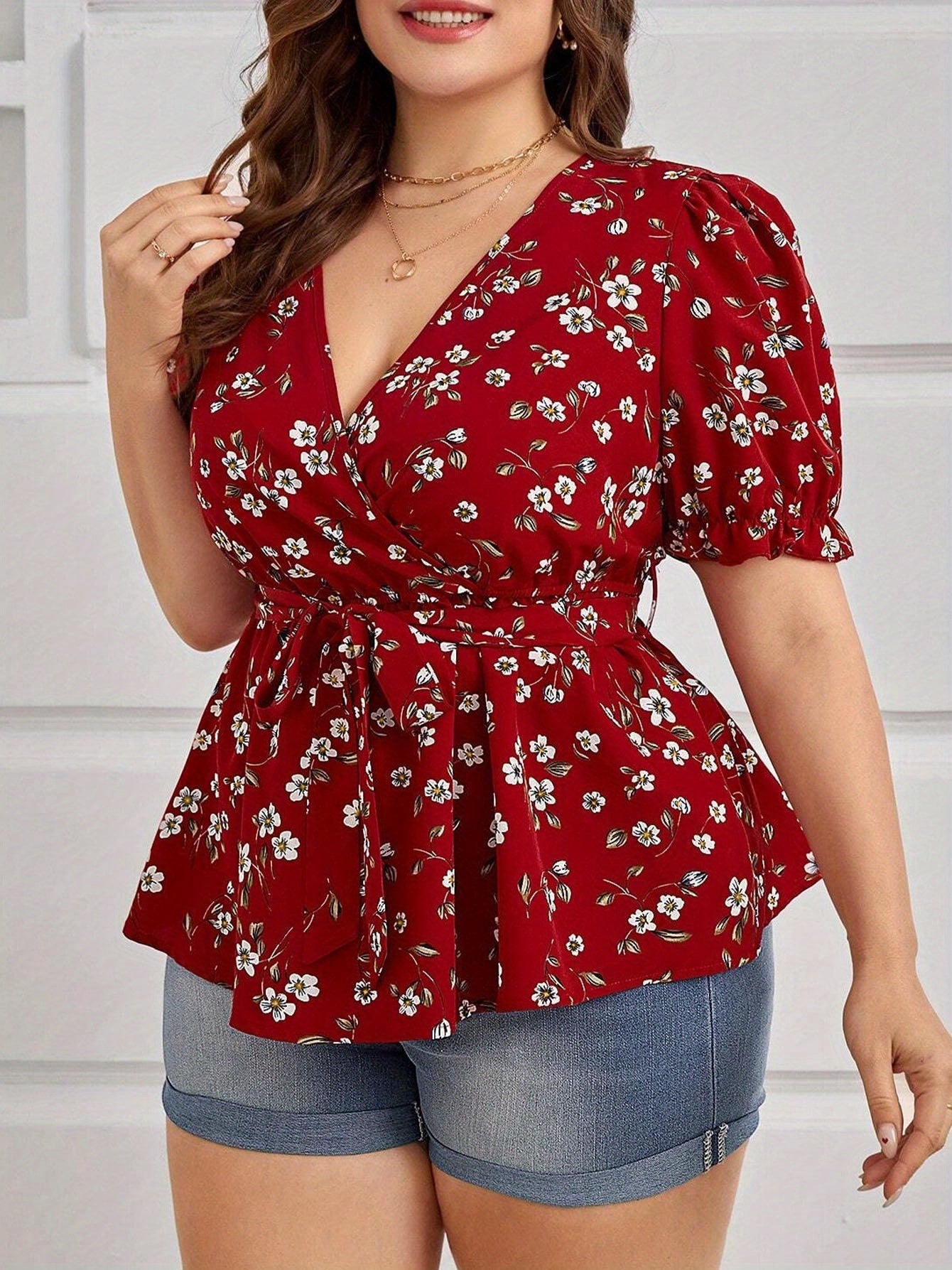 Floravive Belted V-Neck Blouse