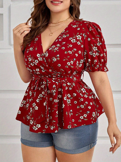Floravive Belted V-Neck Blouse