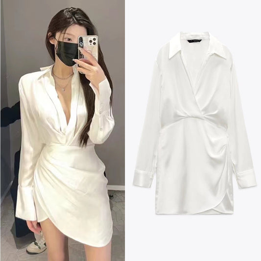 Women's Lapel Silk Satin Long Sleeve Short Dress
