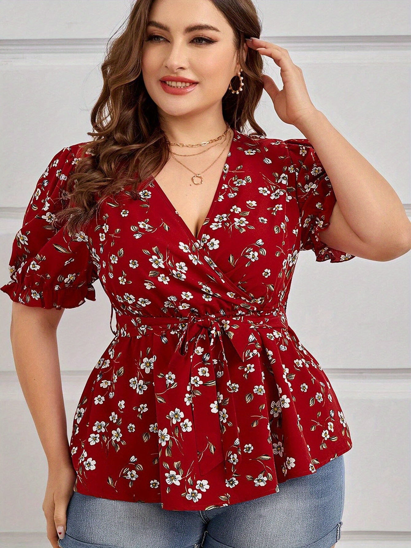 Floravive Belted V-Neck Blouse