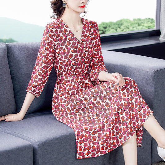 New Vneck Mid-length Slim Silk Floral Dress