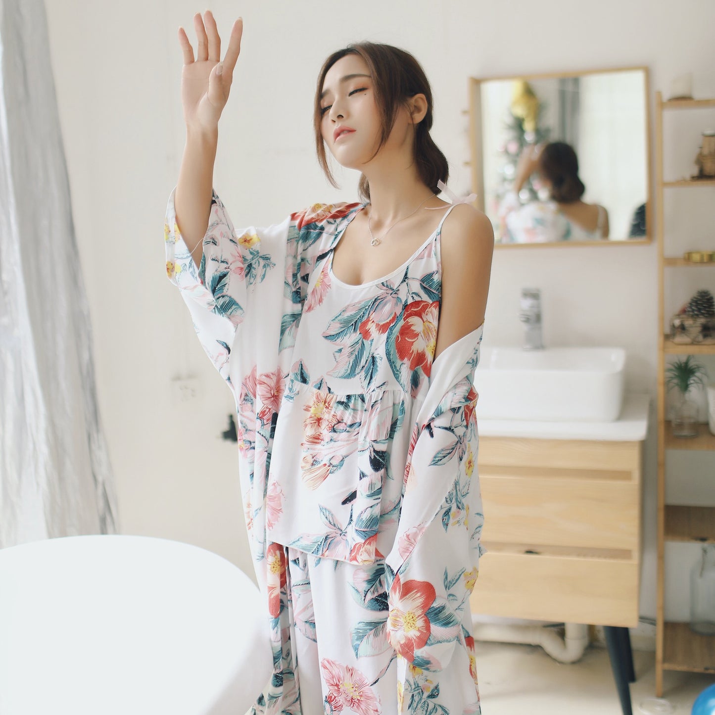 Cotton Silk Three-piece Pajamas Comfortable Long-sleeved Coveralls