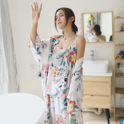 Cotton Silk Three-piece Pajamas Comfortable Long-sleeved Coveralls
