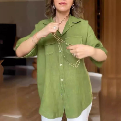 Solid Color Long Sleeve Pocket Shirt For Women