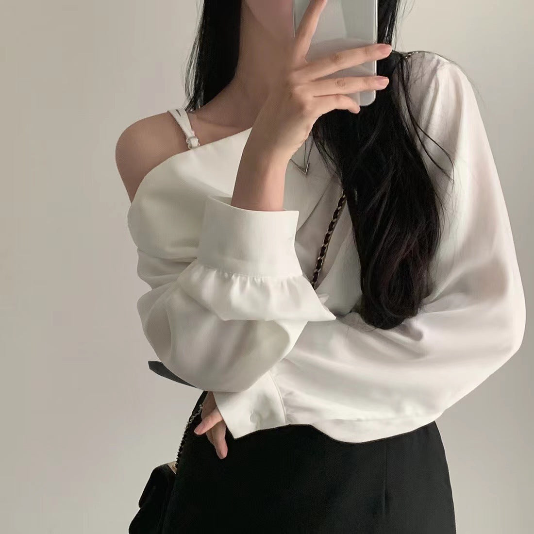 Korean Style High-grade Shirt Beveled Shoulder Off-shoulder Collar