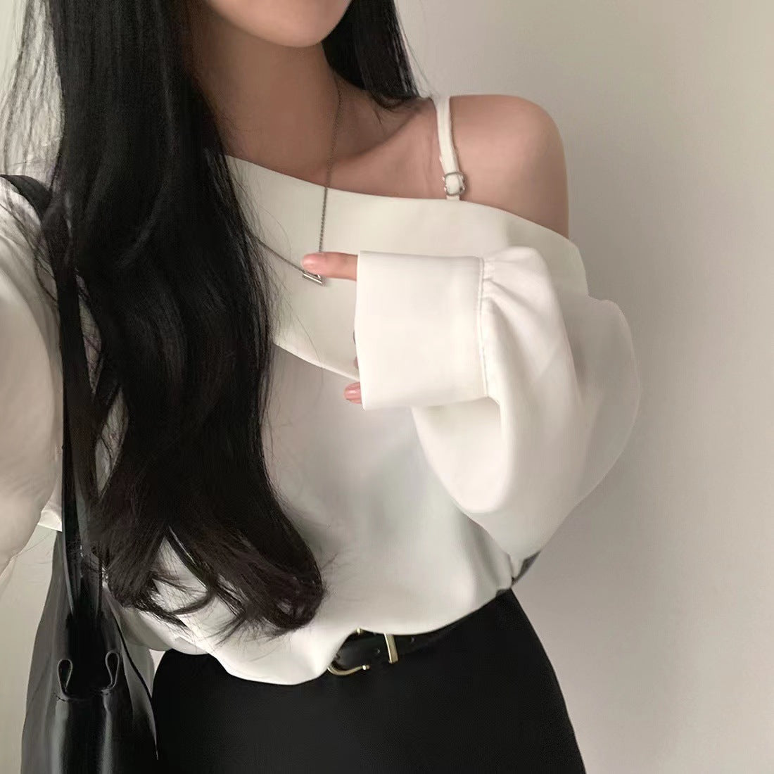 Korean Style High-grade Shirt Beveled Shoulder Off-shoulder Collar