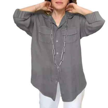 Solid Color Long Sleeve Pocket Shirt For Women