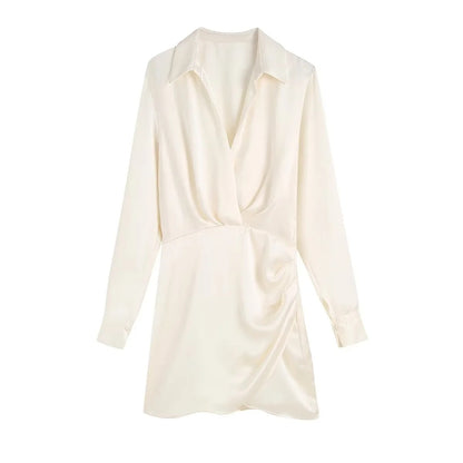 Women's Fashionable Silk Satin Pleated Solid Color Dress